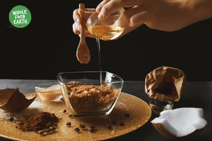 Organic coconut sugar from Whole Food Earth, natural sweetener with a golden granulated appearance, GMO-free and unrefined.