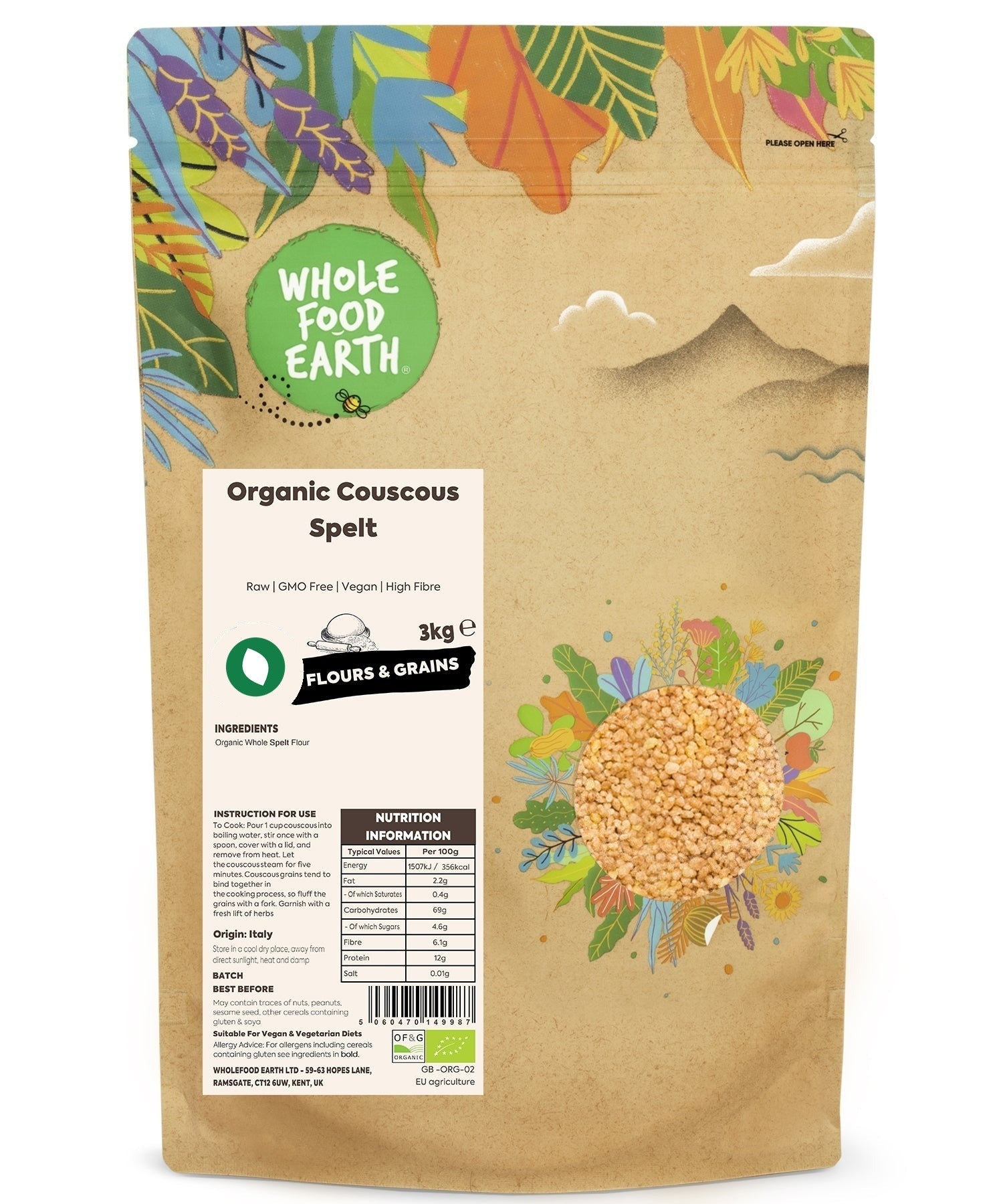 Raw organic spelt couscous from Whole Food Earth, gluten-free and GMO-free, in a clear container showing the light, granular grains.