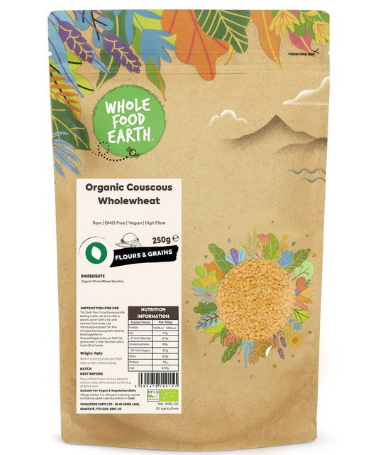 Raw organic whole wheat couscous from Whole Food Earth, close-up of small, granular grains in a natural light setting.