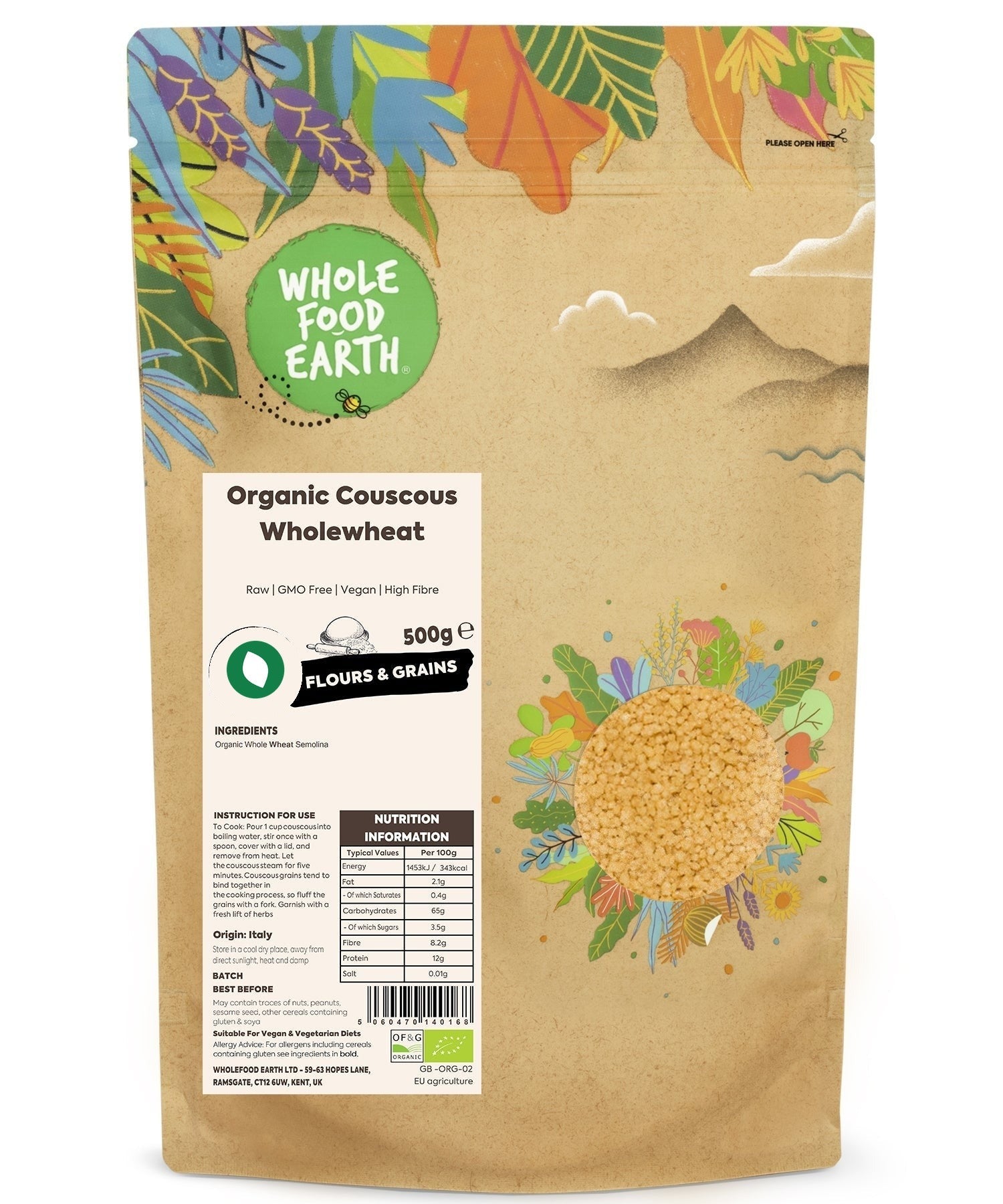 Organic Wholewheat Couscous from Whole Food Earth, raw and uncooked, in a clear bowl for healthy flours and grains.