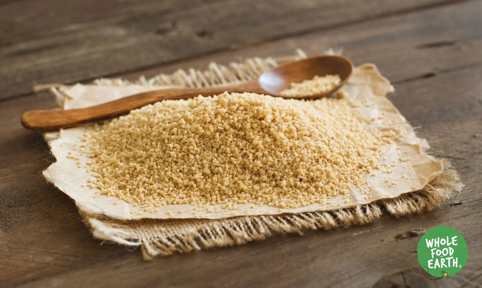 Raw organic wholewheat couscous from Whole Food Earth, gluten-free, vegan, GMO-free, and additive-free grains.