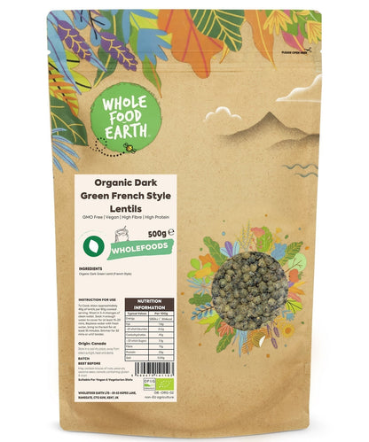 Organic dark green French-style lentils from Whole Food Earth, shown in a close-up of the dried beans and pulses.