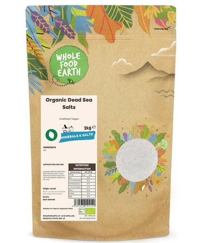 Organic Dead Sea salts from Whole Food Earth, unrefined mineral crystals for skincare and relaxation.