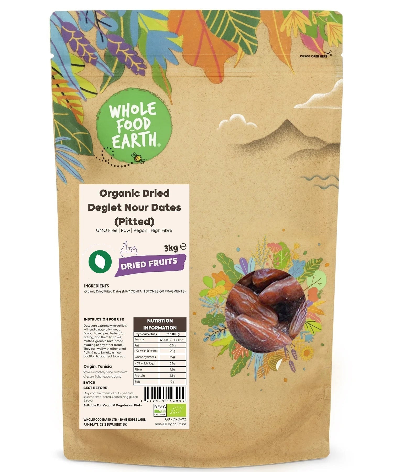 Pitted organic Deglet Nour dates from Whole Food Earth, a close-up of glossy, moist dried fruit with pits removed.