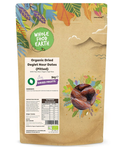 Pitted organic Deglet Nour dates from Whole Food Earth, a close-up of glossy, moist dried fruit with pits removed.