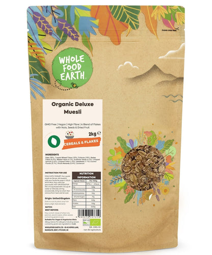 Whole Food Earth Organic Deluxe Muesli cereal with flakes, nuts, seeds, and dried fruit in a bowl.
