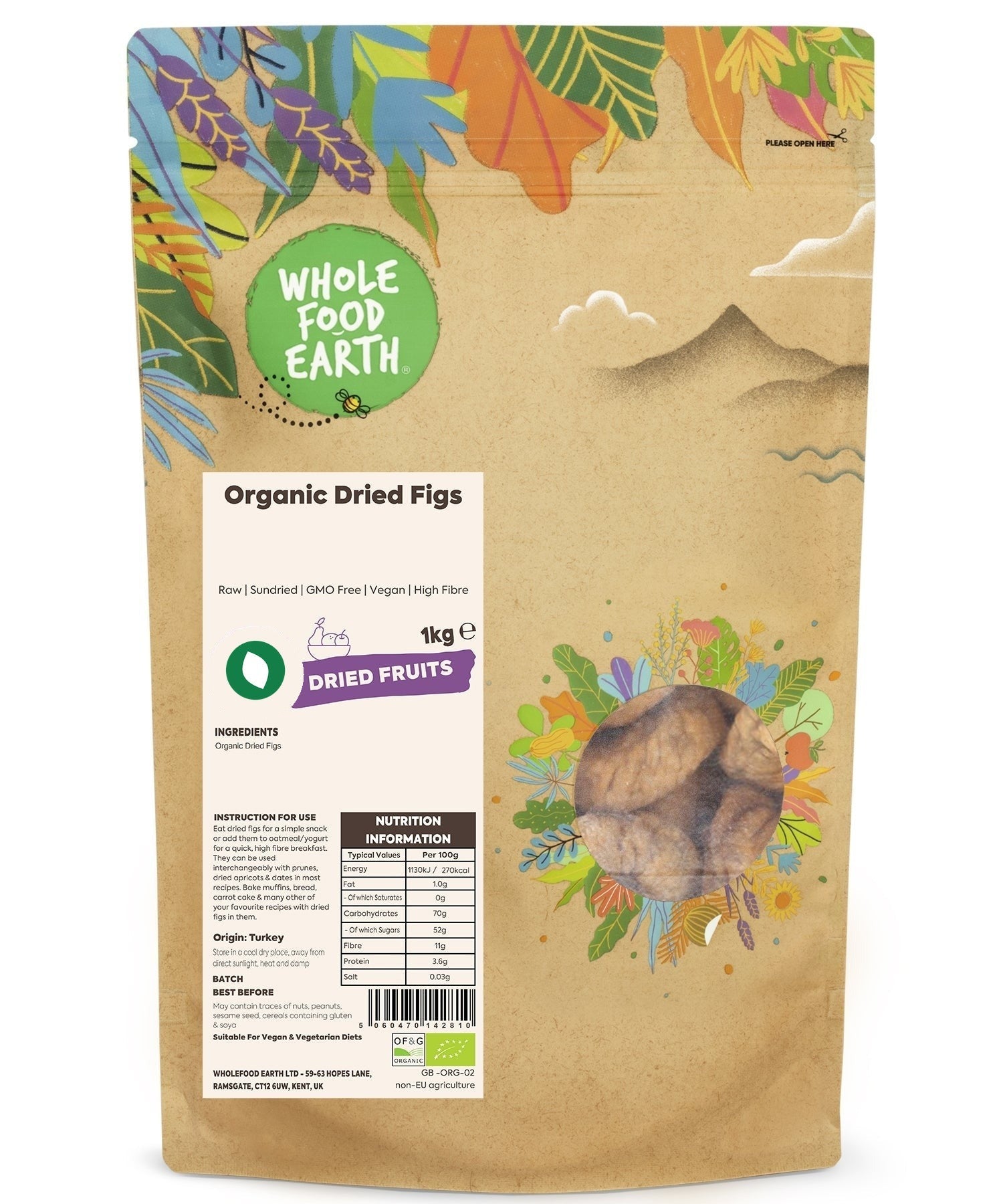 Dried organic figs from Whole Food Earth, sun-dried and GMO-free, shown in a close-up image.