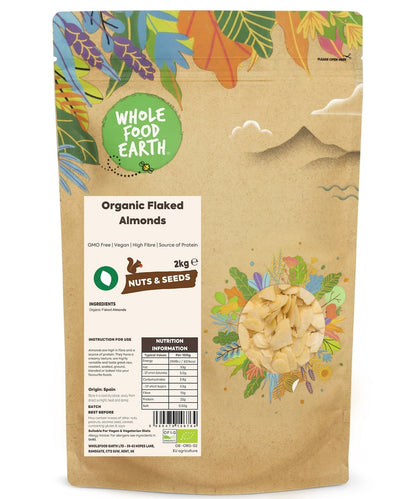 Organic flaked almonds from Whole Food Earth, GMO-free nuts and seeds, shown in a close-up image.