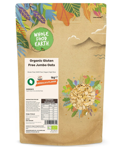 Organic gluten-free jumbo oats from Whole Food Earth, showing a close-up of the wholesome cereal in a bowl.