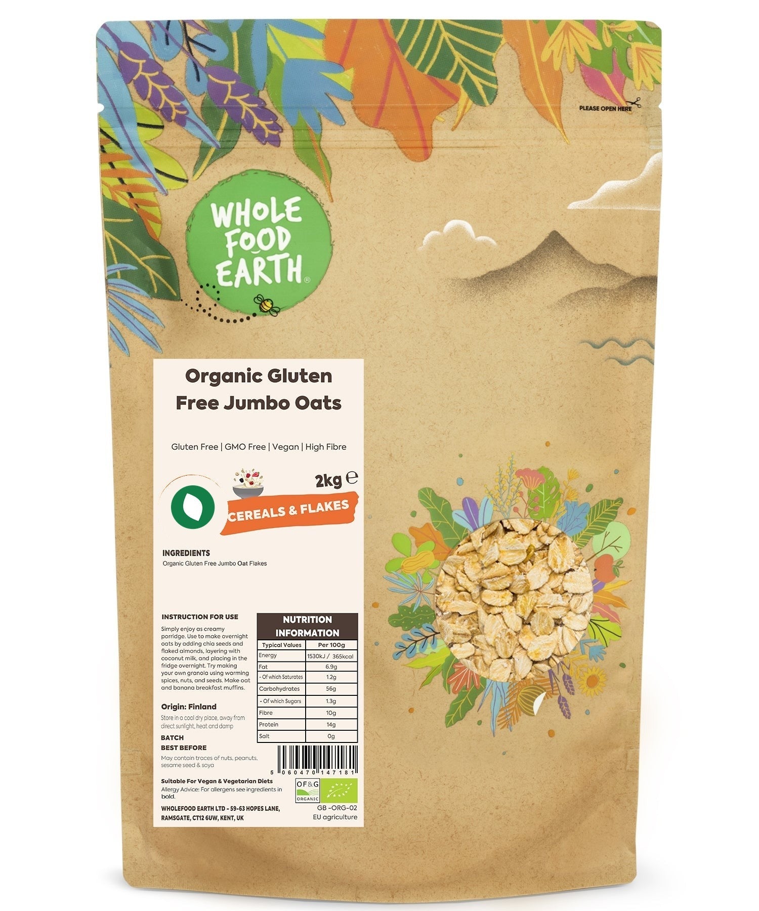 Organic gluten-free jumbo oats in a clear bowl, showcasing Whole Food Earth cereal packaging and fresh oats on a wooden surface.