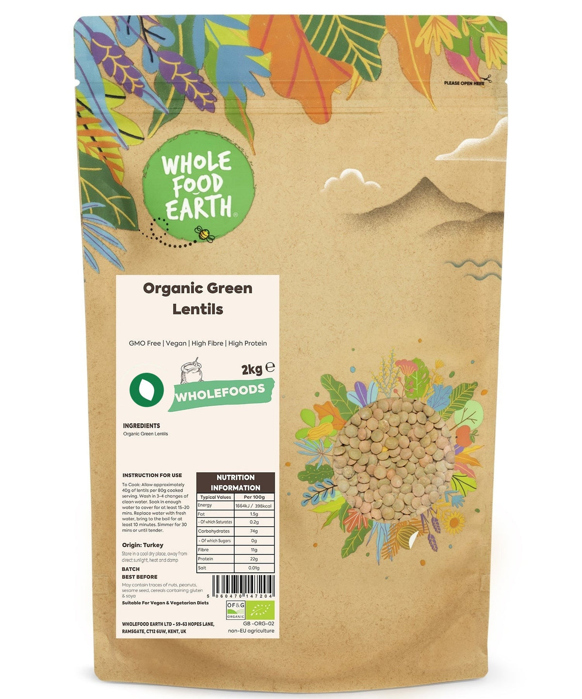Organic green lentils from Whole Food Earth, fresh green beans and pulses, GMO-free, shown in a close-up image.