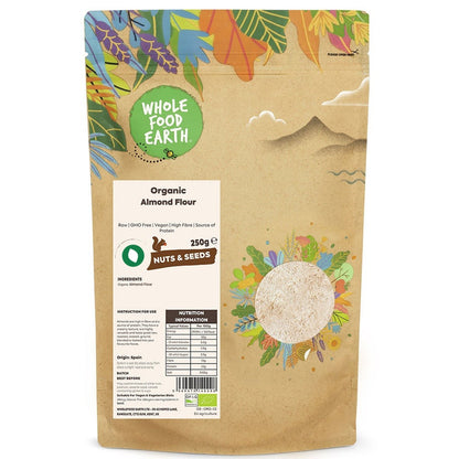 Whole Food Earth organic almond flour in a 500g package, raw, GMO-free ground almonds for baking and cooking.