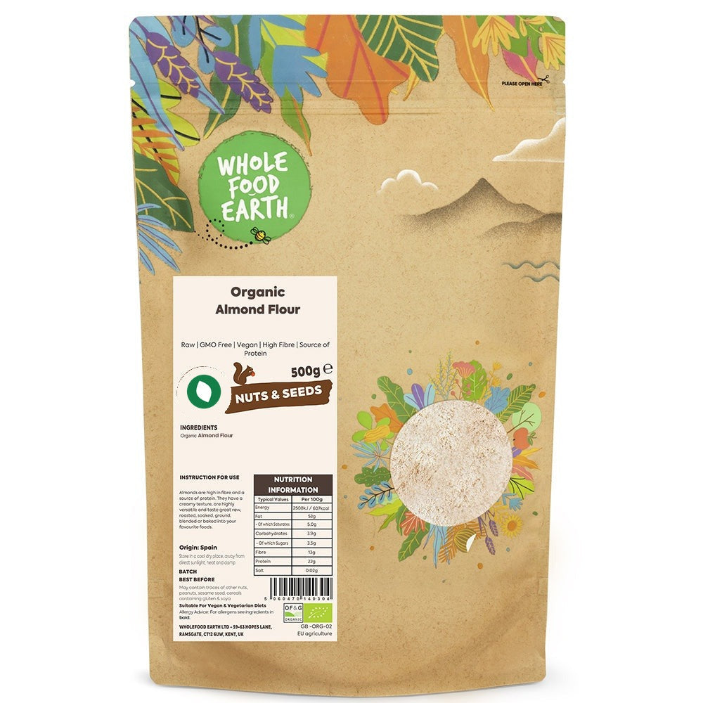 Whole Food Earth organic ground almonds in a clear bag, raw, GMO-free almond flour available in various weights for baking and cooking.