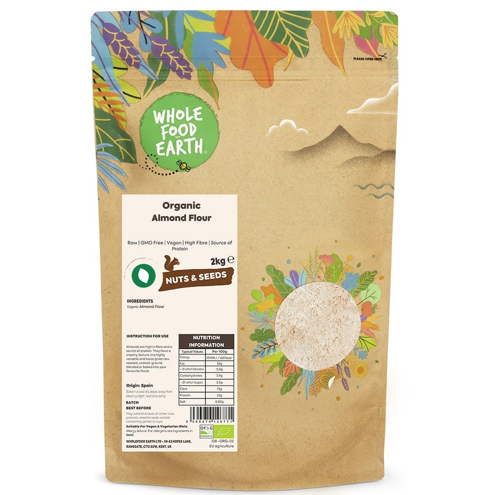 Organic Almond Flour from Whole Food Earth, raw and GMO-free, in a 250g package, showing ground almonds in a clear bowl.