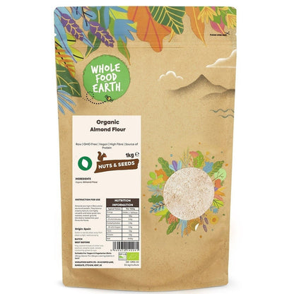 Whole Food Earth organic almond flour in a clear bag, showing raw, ground almonds, gluten-free, GMO-free, in various package sizes.
