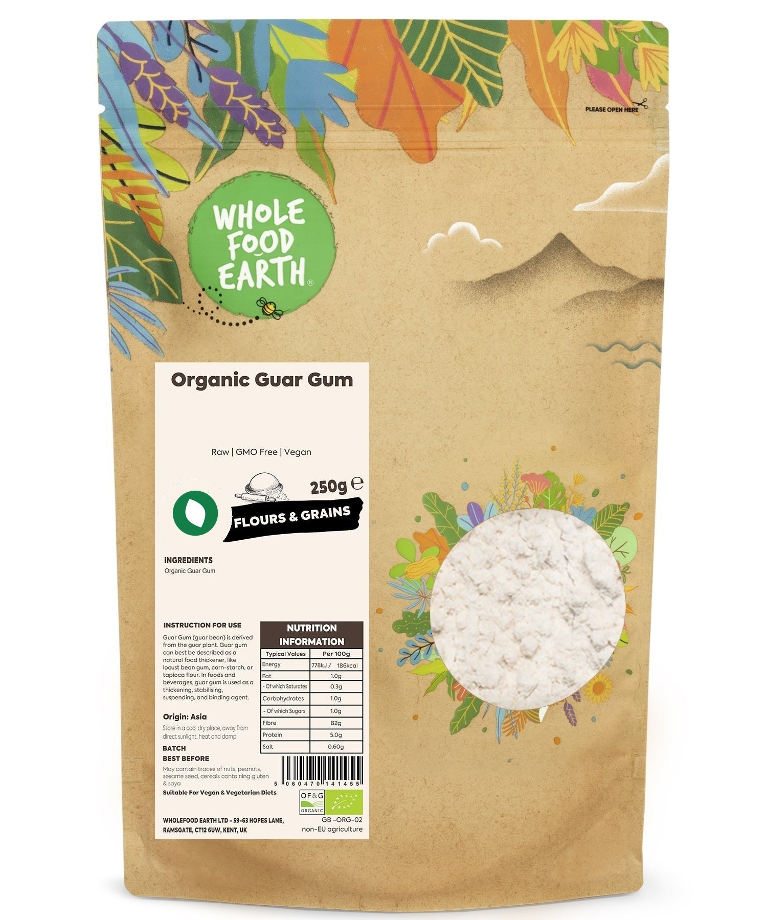 Raw organic guar gum by Whole Food Earth, a GMO-free speciality ingredient in a clear bag, ready for culinary use.