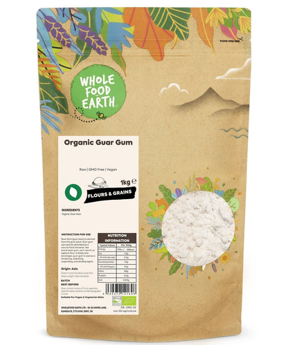 Organic Guar Gum by Whole Food Earth, raw and GMO-free, shown in a natural form for culinary and thickening uses.