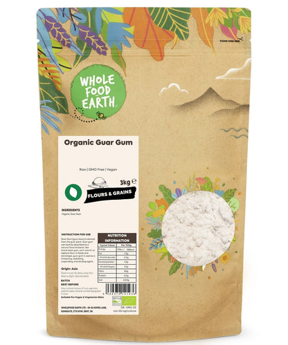 Organic Guar Gum from Whole Food Earth, raw and GMO-free, shown in a natural packaging image for specialty food use.