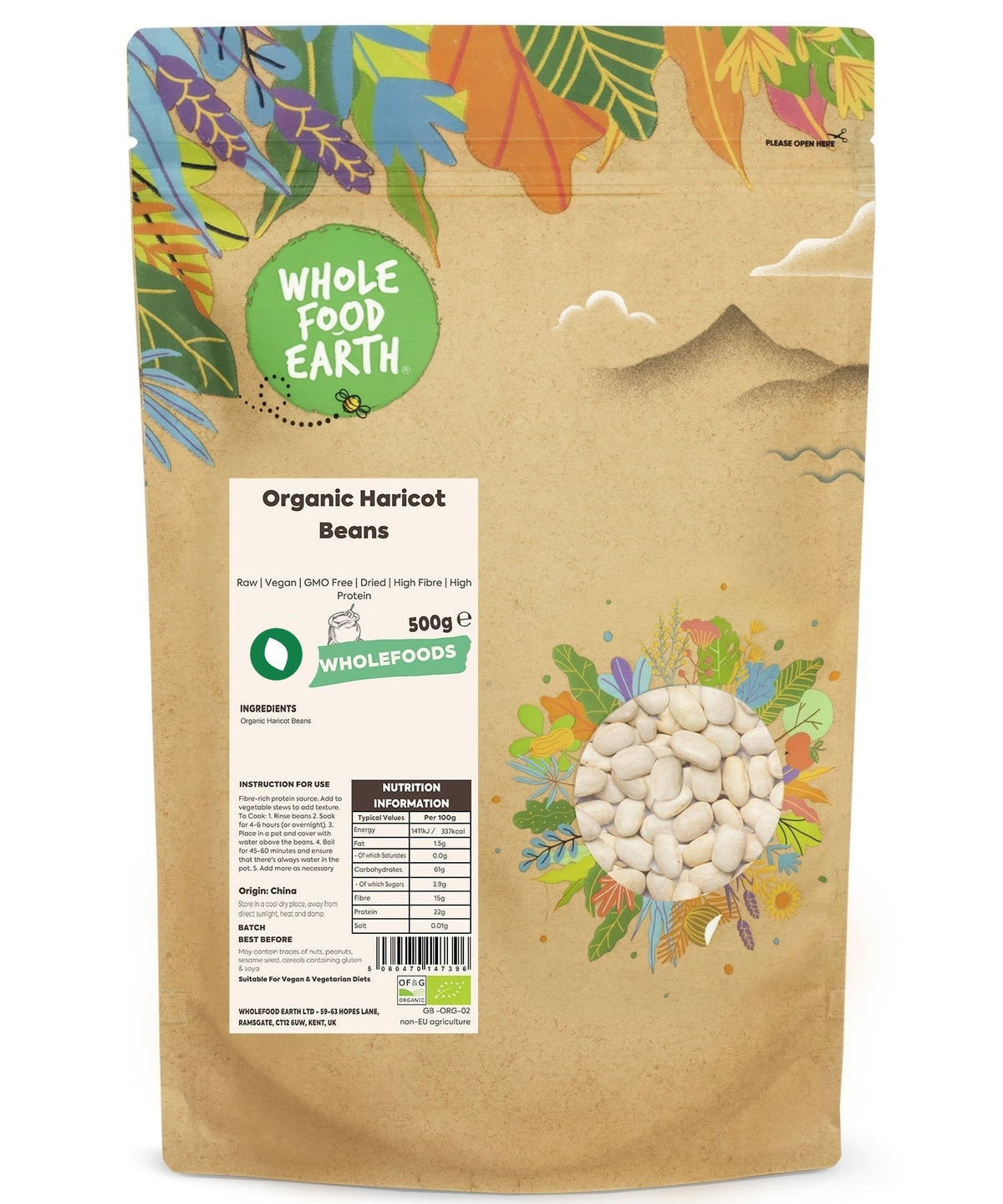 Raw organic haricot beans from Whole Food Earth, showing small beige beans in a clear bowl on a wooden surface.