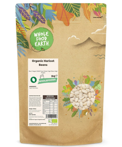 Raw organic haricot beans from Whole Food Earth, showing light beige beans in a close-up shot.