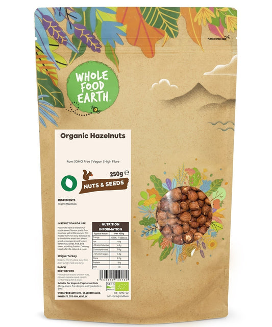 Raw organic hazelnuts from Whole Food Earth, GMO-free nuts and seeds product, displayed in a close-up image.