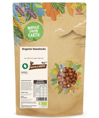 Raw organic hazelnuts from Whole Food Earth, whole and shelled, in a natural light setting, showcasing healthy nuts and seeds.