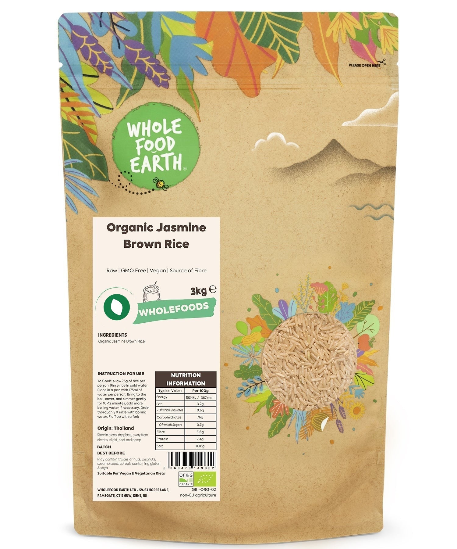 Organic Jasmine Brown Rice from Whole Food Earth, raw and unprocessed, shown in a clear bag with rice grains visible inside.