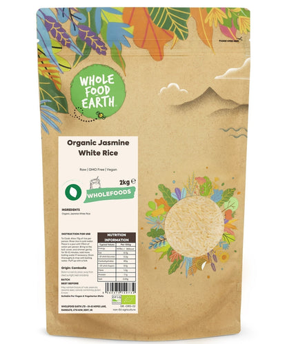 Organic Jasmine White Rice from Whole Food Earth, raw and unprocessed, showcasing long, fragrant grains in a clear bag.