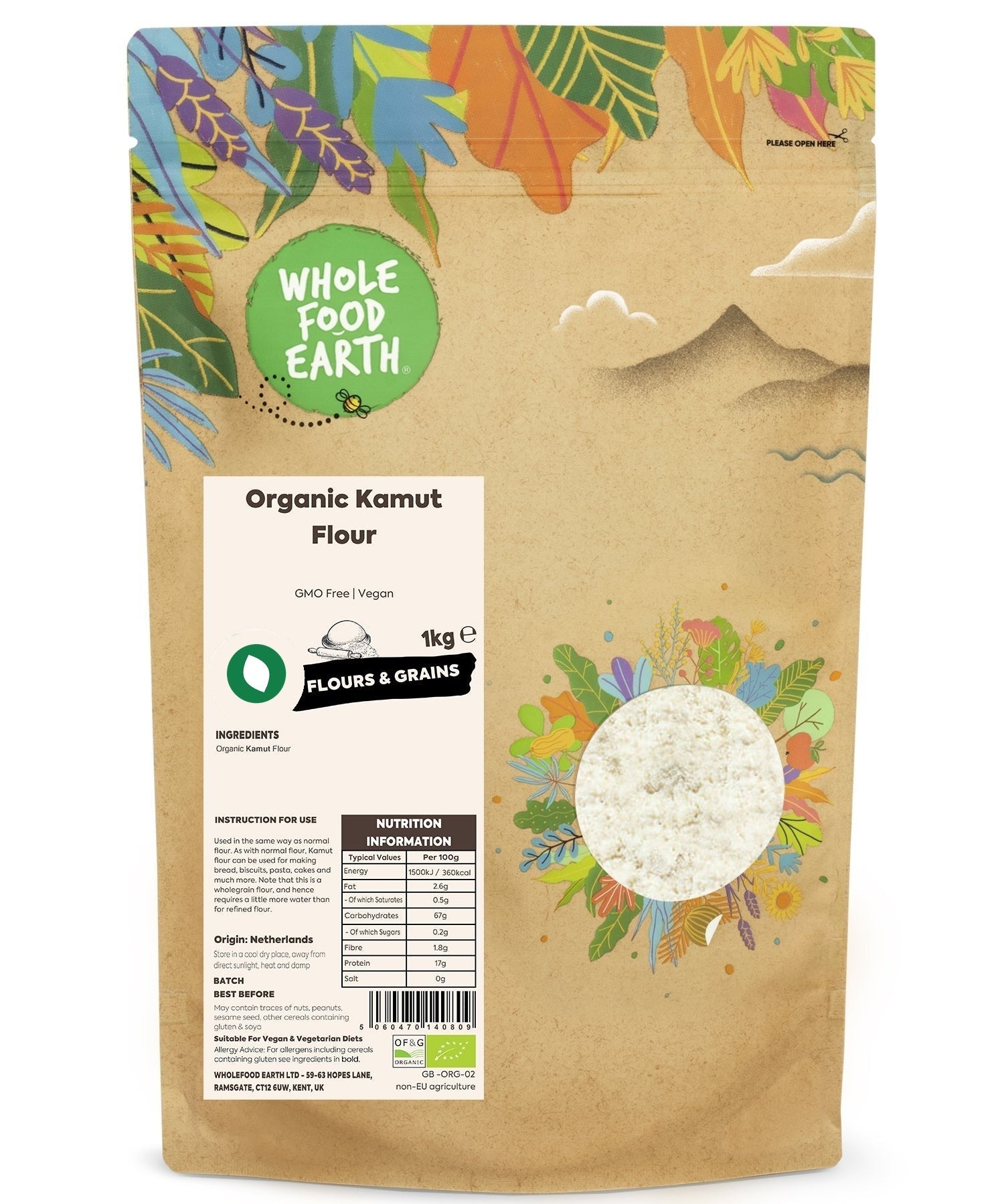 Whole Food Earth organic Kamut flour in 500g, 1kg, 2kg, 3kg, or 16kg packages, displayed in a natural setting.