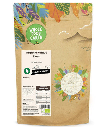 Whole Food Earth organic Kamut flour in 500g, 1kg, 2kg, 3kg, or 16kg packages, displayed in a natural setting.