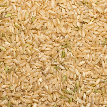 Organic long grain brown rice from Whole Food Earth, displayed in a clear bowl on a rustic wooden surface.