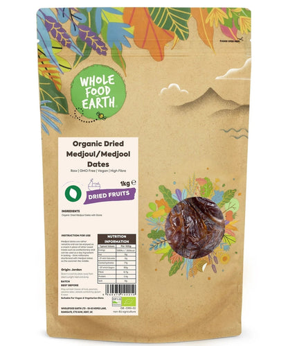 Organic dried Medjoul Dates from Whole Food Earth, showcasing plump, glossy, natural Medjoul dried fruits without GMOs.