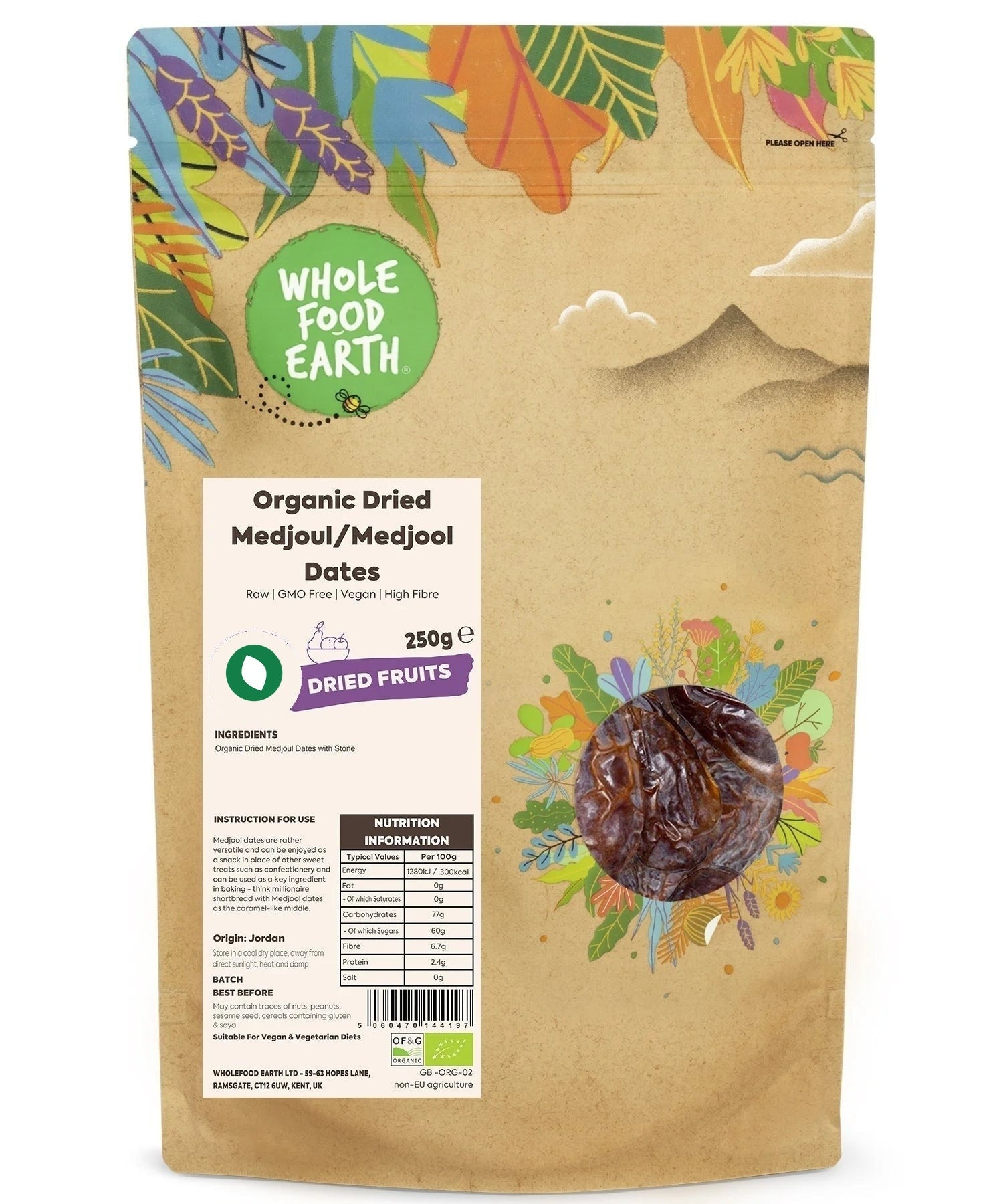 Organic Dried Medjoul Dates from Whole Food Earth, raw and GMO-free medjool dates, showcasing plump, glossy dried fruit