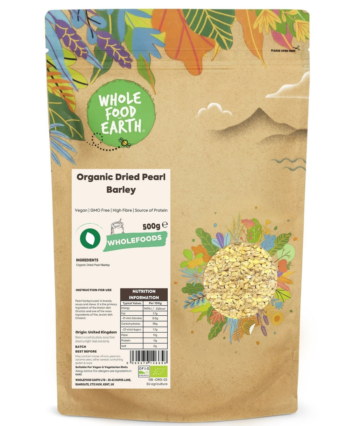 Organic dried pearl barley from Whole Food Earth, showing whole, light beige pearl barley grains in a natural, close-up view.