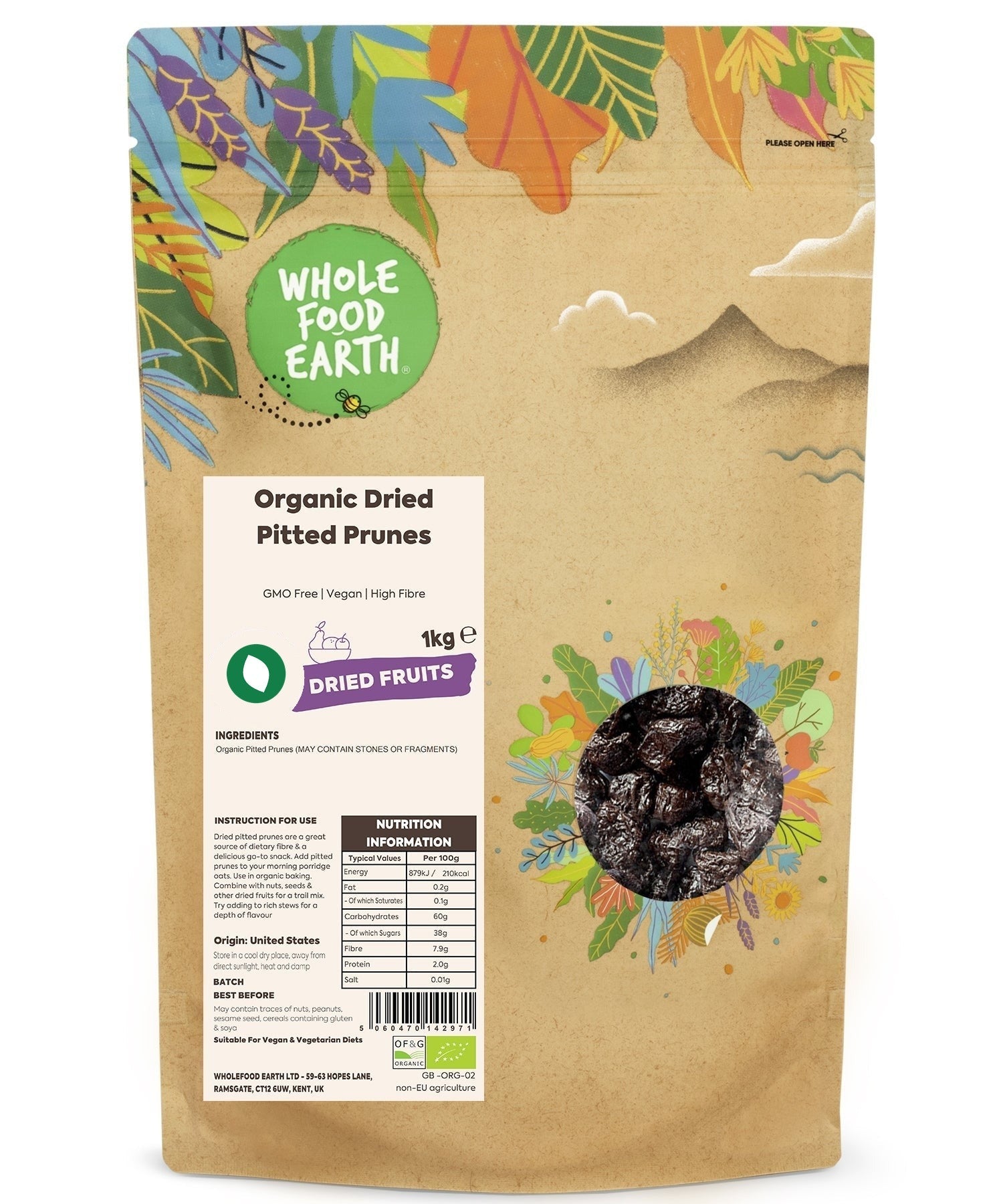 Organic pitted prunes from Whole Food Earth, dried fruit with no GMOs, shown in a close-up image.
