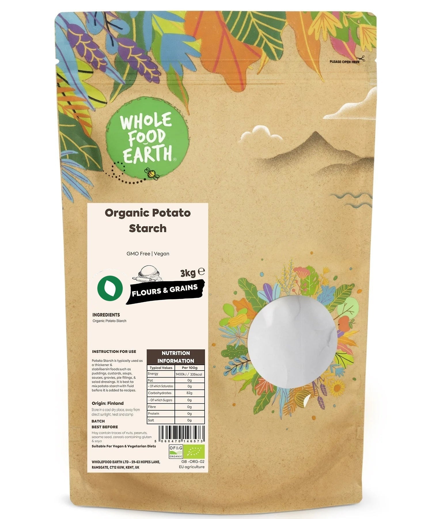 Organic Potato Starch from Whole Food Earth, shown as a bag of GMO-free flour for baking and cooking.