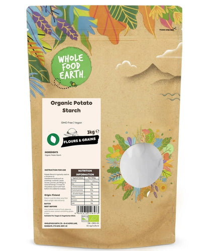 Organic Potato Starch from Whole Food Earth, shown as a bag of GMO-free flour for baking and cooking.
