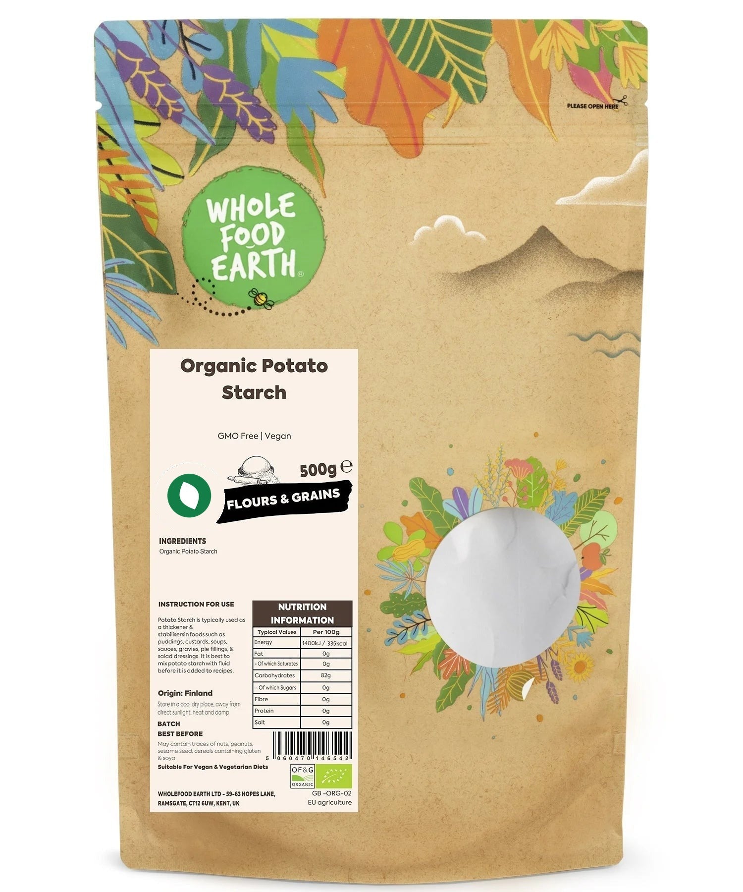 Organic Potato Starch from Whole Food Earth, gluten-free flour made from natural, GMO-free potatoes for baking and cooking.