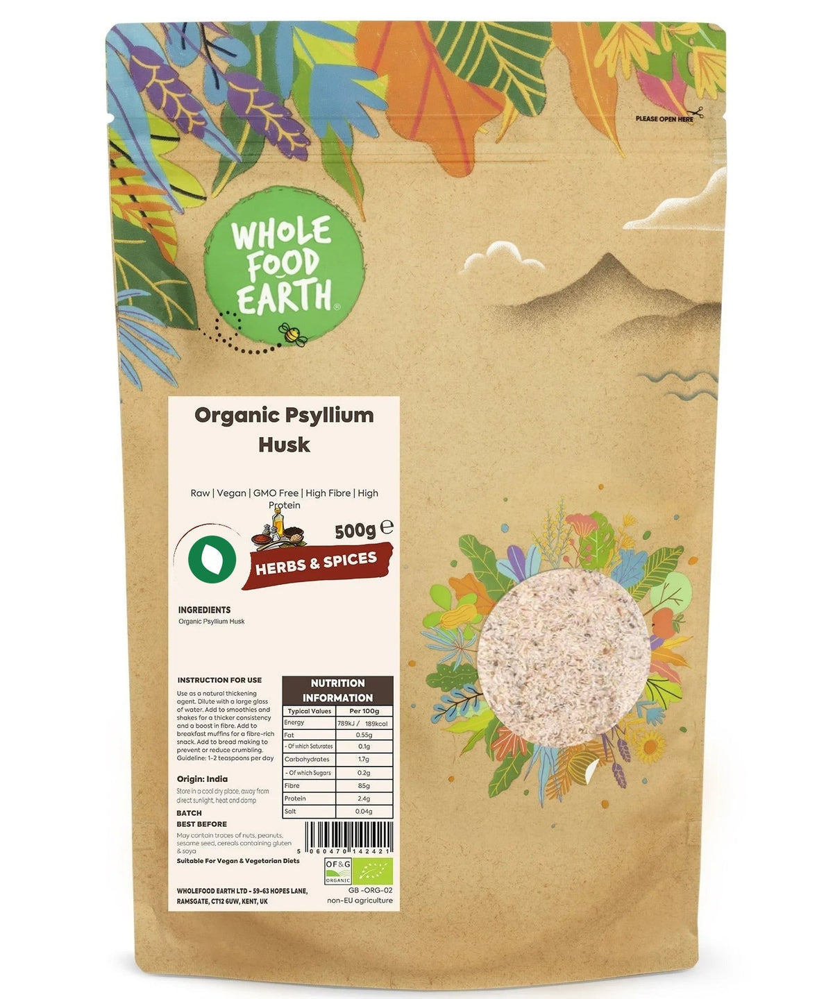 Organic Psyllium Husk from Whole Food Earth, raw blonde specialty fiber in a clear bag, natural and finely ground.