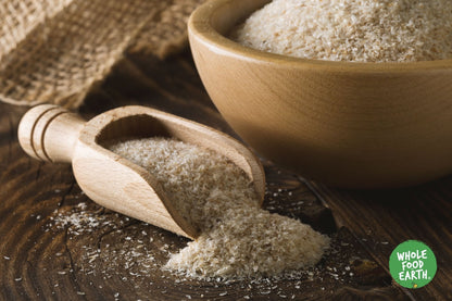 Whole Food Earth Organic Psyllium Husk in raw blonde form, GMO-free, specialty fiber supplement for digestive health.
