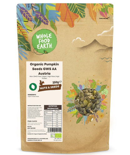 Organic Pumpkin Seeds GWS AA from Whole Food Earth, close-up of green pumpkin seeds in a bowl, healthy nuts and seeds product.