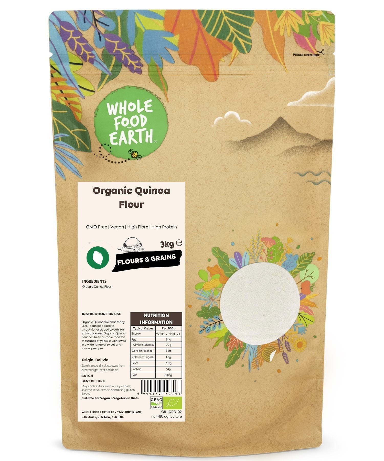 Organic quinoa flour from Whole Food Earth, GMO-free, in a natural, light-colored bag, ready for baking or cooking.