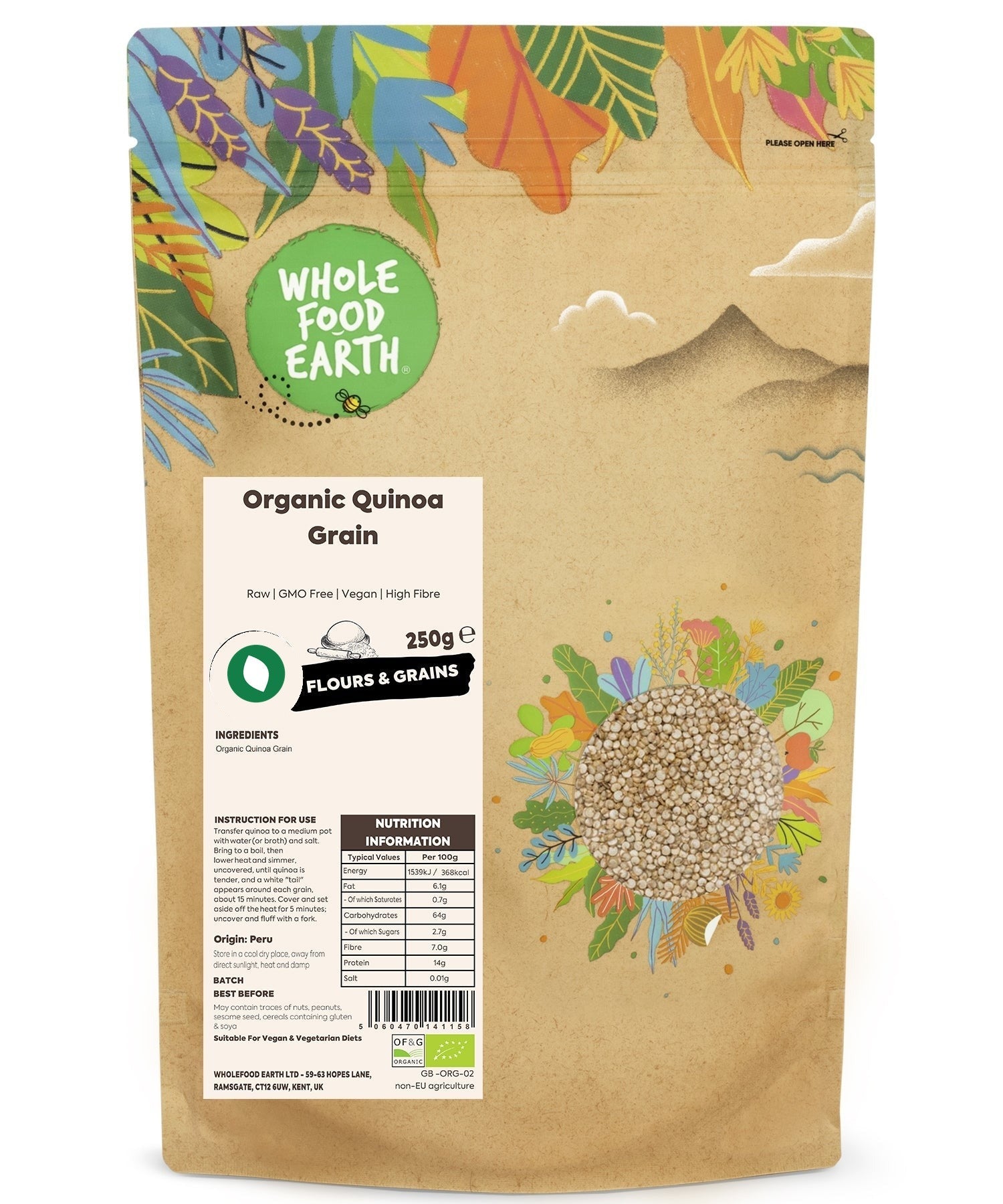 Raw organic quinoa grains from Whole Food Earth, showing small, light-colored seeds with a slightly glossy surface.