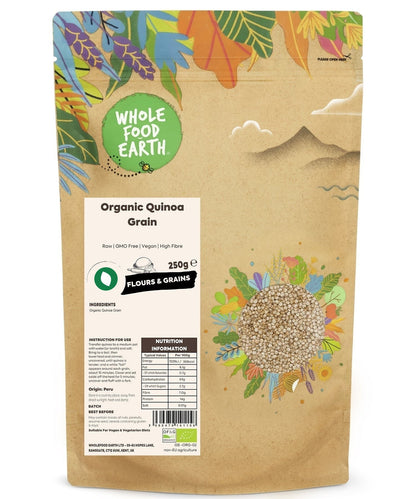 Raw organic quinoa grains from Whole Food Earth, non-GMO, in a clear bowl, showcasing their small, round, beige appearance.