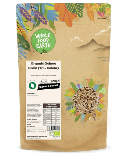 Raw organic tri-color quinoa grains from Whole Food Earth, showing multicolored, small, round quinoa seeds on a white background.