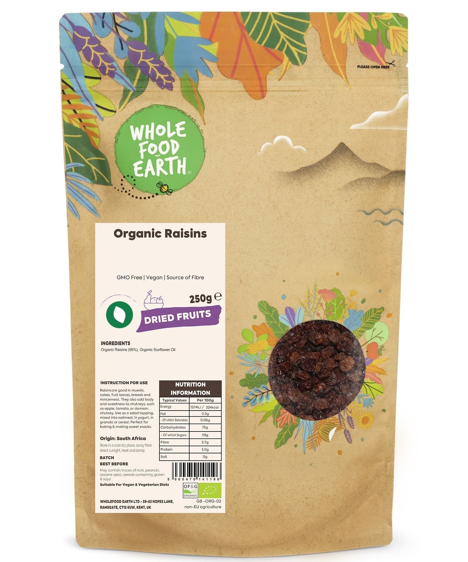 Organic raisins from Whole Food Earth, dried fruit with natural, GMO-free, plump, sweet raisins on a white background.