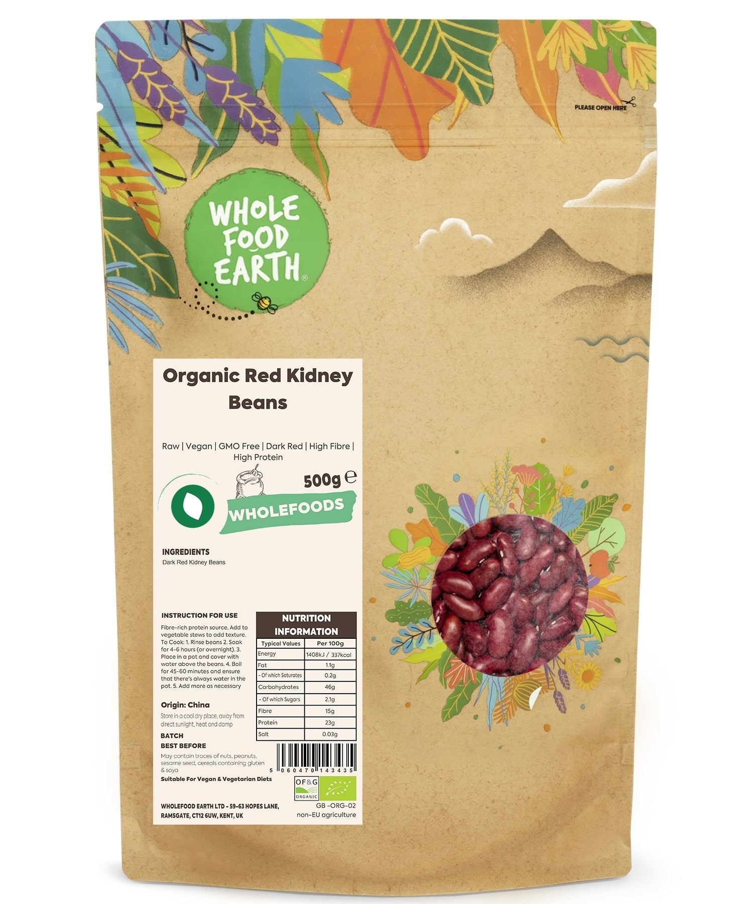 Raw organic red kidney beans from Whole Food Earth, close-up of dried beans in a bowl, highlighting their vibrant red color.