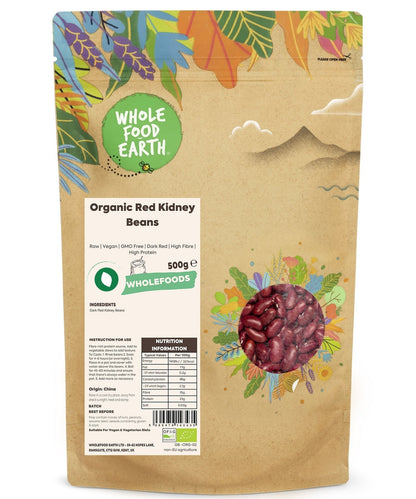 Raw organic red kidney beans from Whole Food Earth, close-up of dried beans in a bowl, highlighting their vibrant red color.