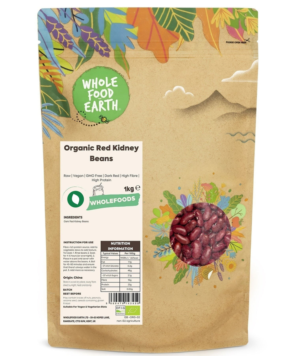 Raw organic red kidney beans from Whole Food Earth, showing plump, glossy red beans in a natural setting.