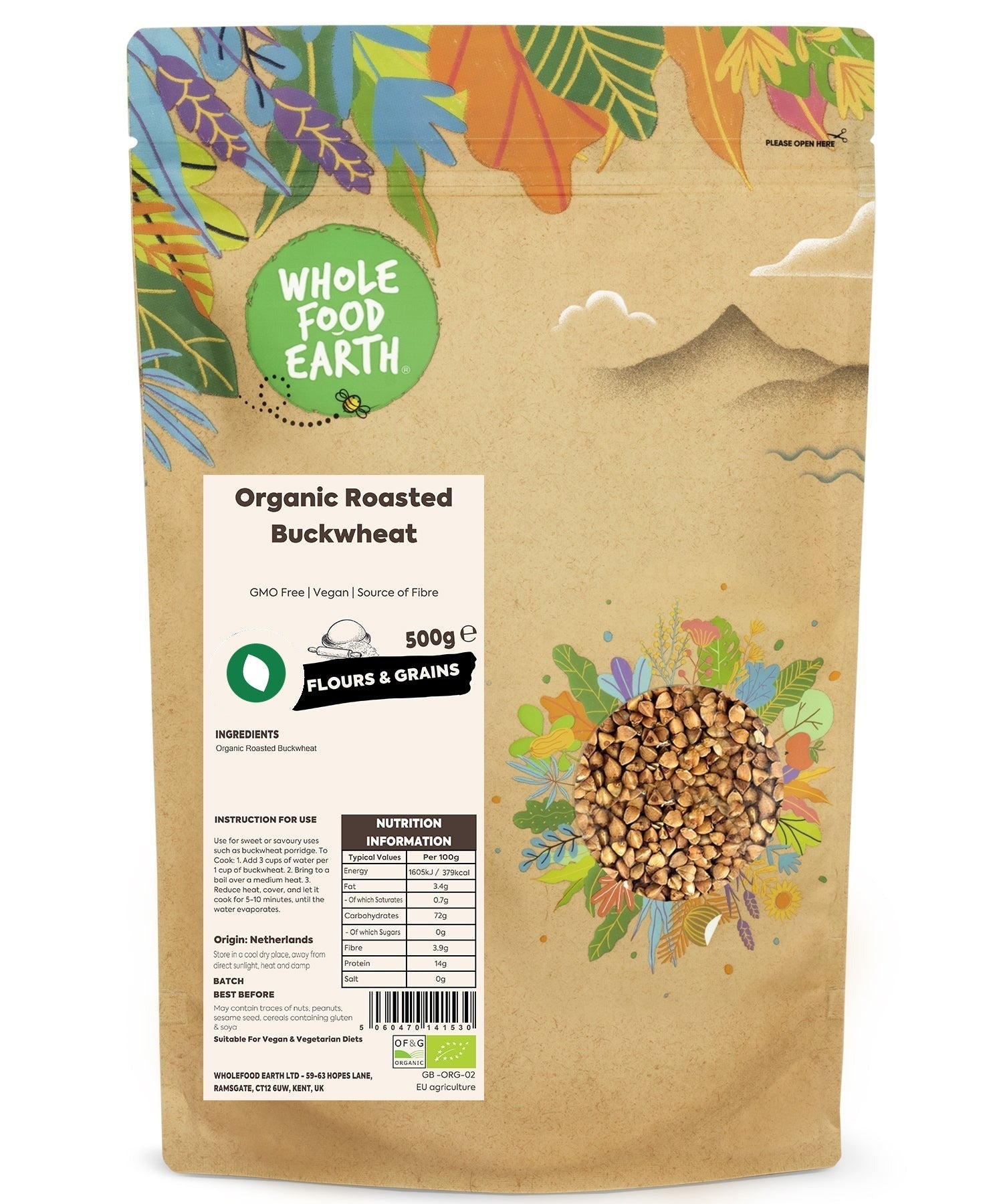 Organic roasted buckwheat from Whole Food Earth, showing golden toasted grains in a clear bowl.